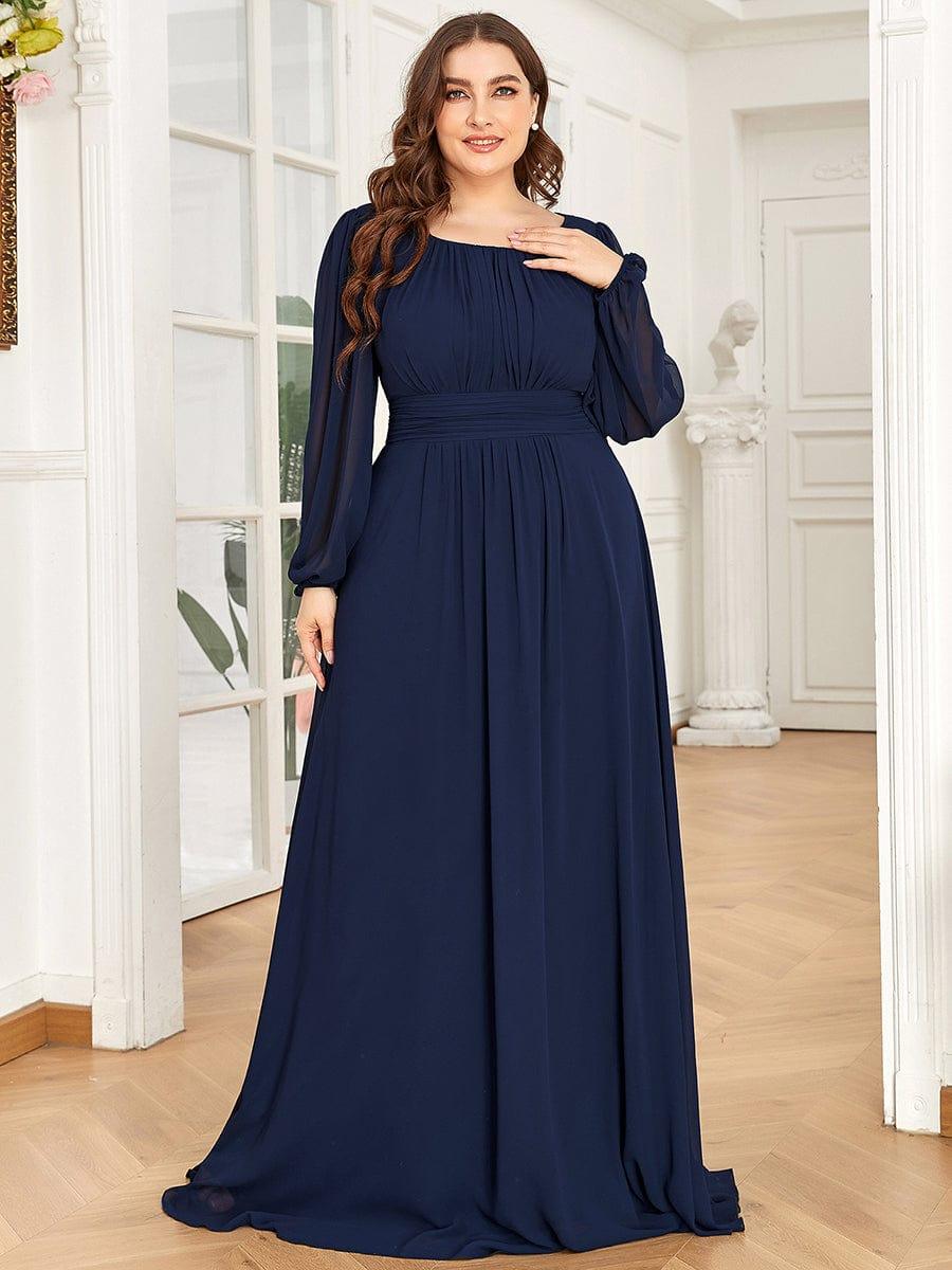 Chiffon Long Sleeve Pleated Floor Length Bridesmaid Dress #color_Navy Blue
