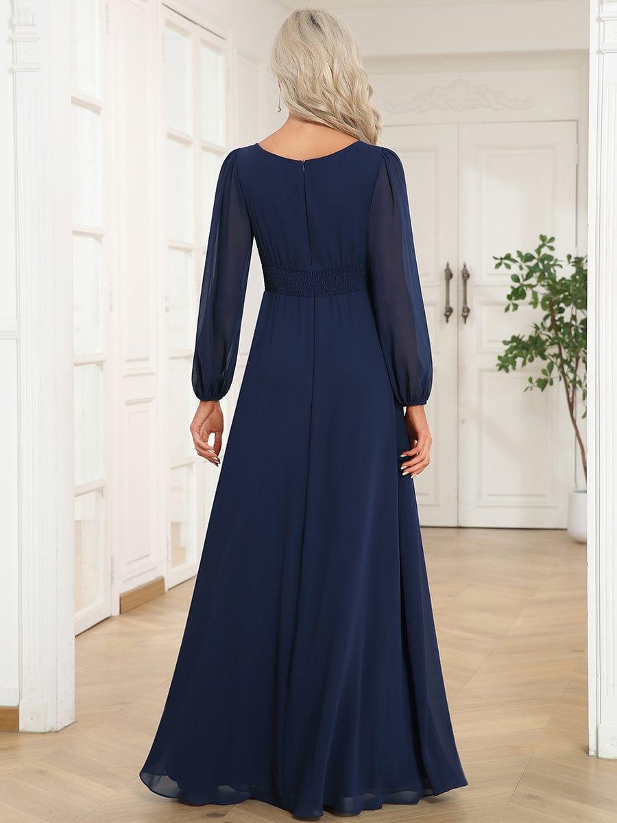 Chiffon Long Sleeve Pleated Floor Length Bridesmaid Dress #color_Navy Blue