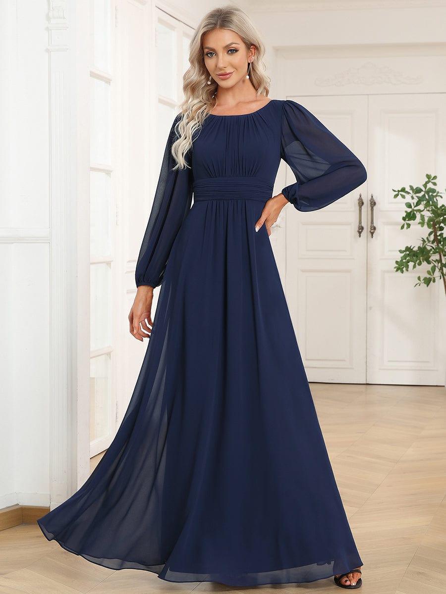 Chiffon Long Sleeve Pleated Floor Length Bridesmaid Dress #color_Navy Blue