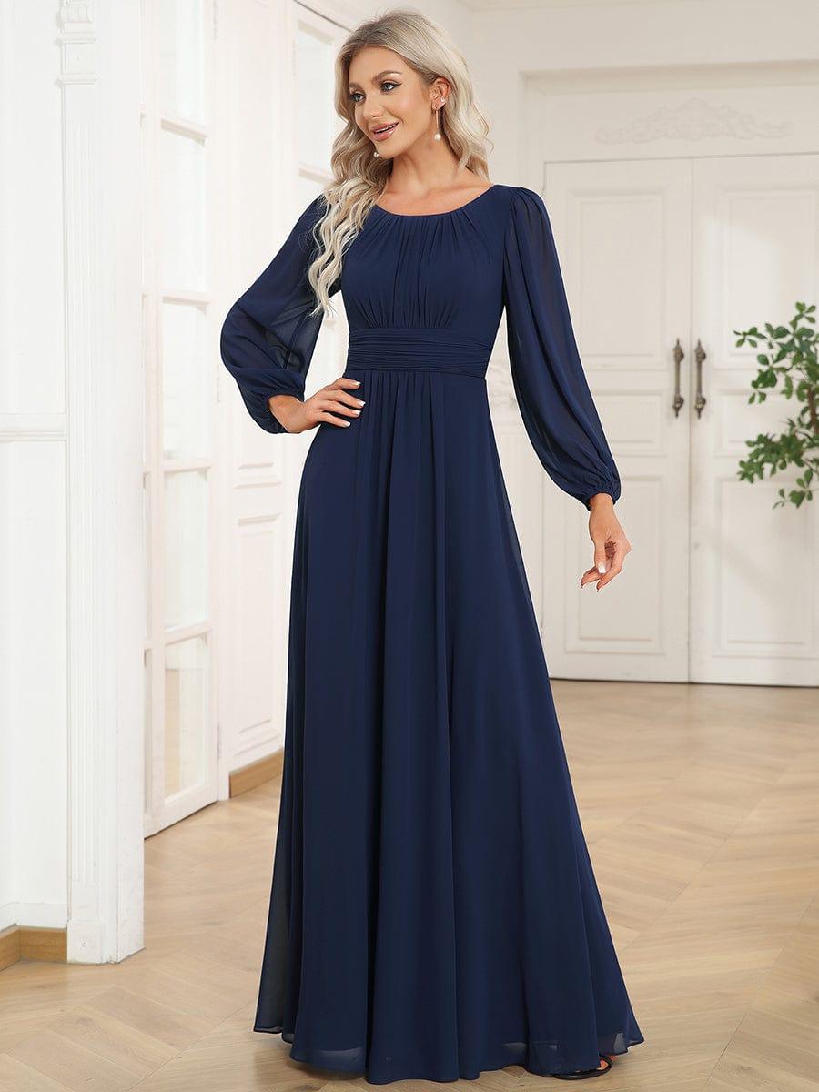 Chiffon Long Sleeve Pleated Floor Length Bridesmaid Dress #color_Navy Blue