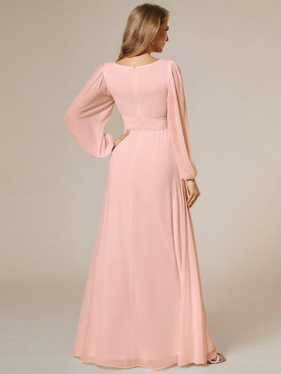 Chiffon Long Sleeve Pleated Floor Length Bridesmaid Dress #color_Pink