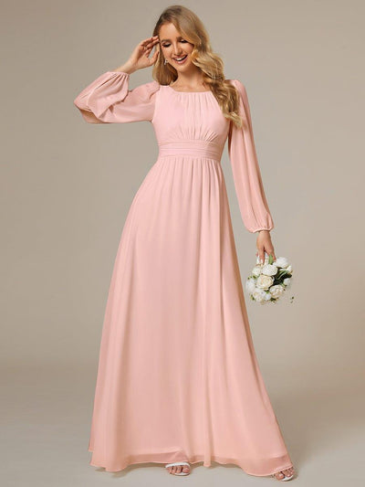 Chiffon Long Sleeve Pleated Floor Length Bridesmaid Dress #color_Pink