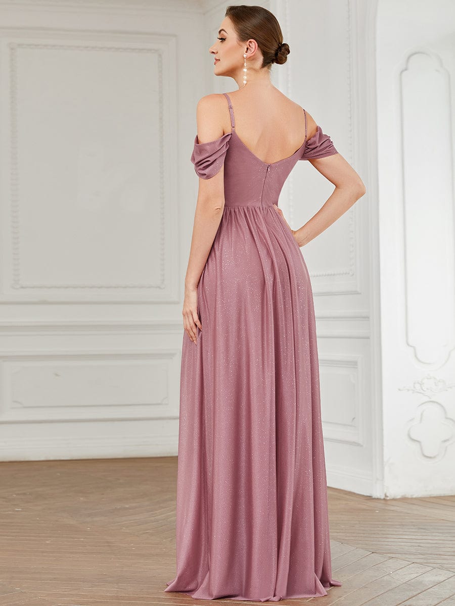 Cold Shoulder Draped Sleeve Floor-Length Bridesmaid Dress #Color_Purple Orchid Cold Shoulder Draped Sleeve Floor-Length Bridesmaid Dress