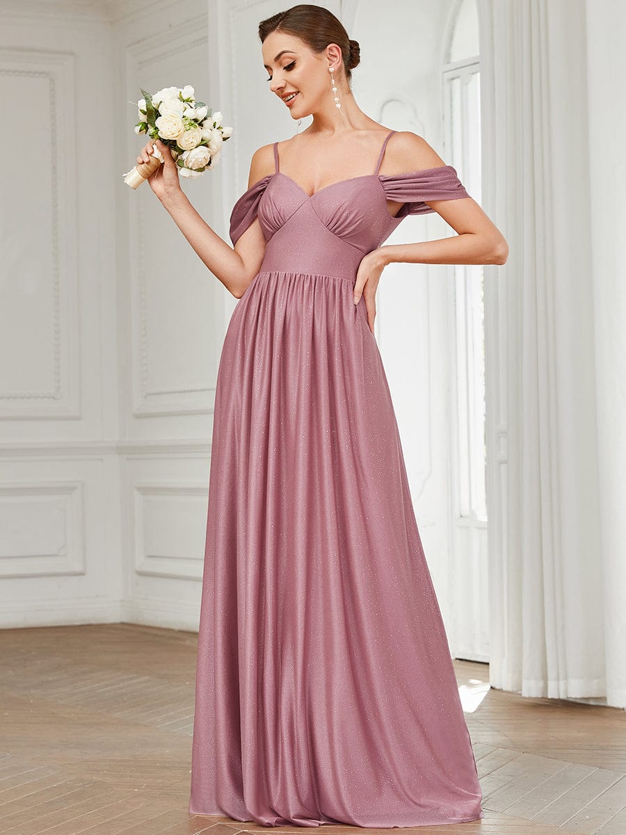 Cold Shoulder Draped Sleeve Floor-Length Bridesmaid Dress #Color_Purple Orchid Cold Shoulder Draped Sleeve Floor-Length Bridesmaid Dress