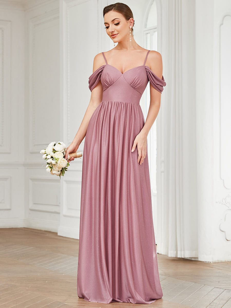 Cold Shoulder Draped Sleeve Floor-Length Bridesmaid Dress #Color_Purple Orchid Cold Shoulder Draped Sleeve Floor-Length Bridesmaid Dress