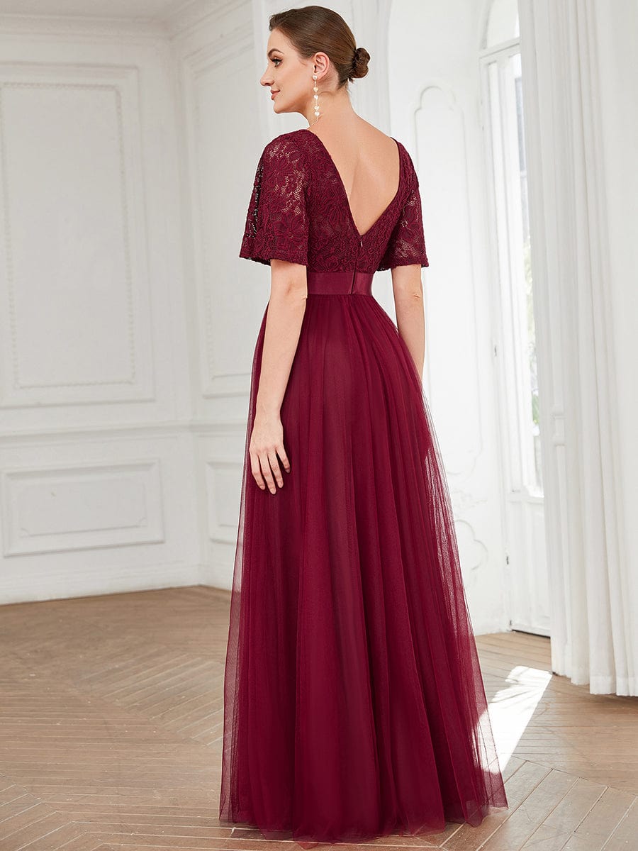 Lace Short Sleeve Bodycon A-line Tulle Bridesmaid Dress #color_Burgundy Lace Short Sleeve Bodycon A-line Tulle Bridesmaid Dress