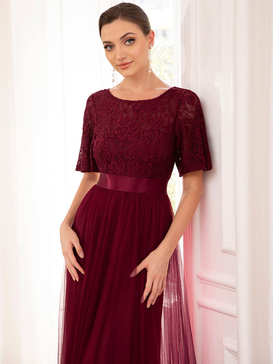 Lace Short Sleeve Bodycon A-line Tulle Bridesmaid Dress #color_Burgundy Lace Short Sleeve Bodycon A-line Tulle Bridesmaid Dress