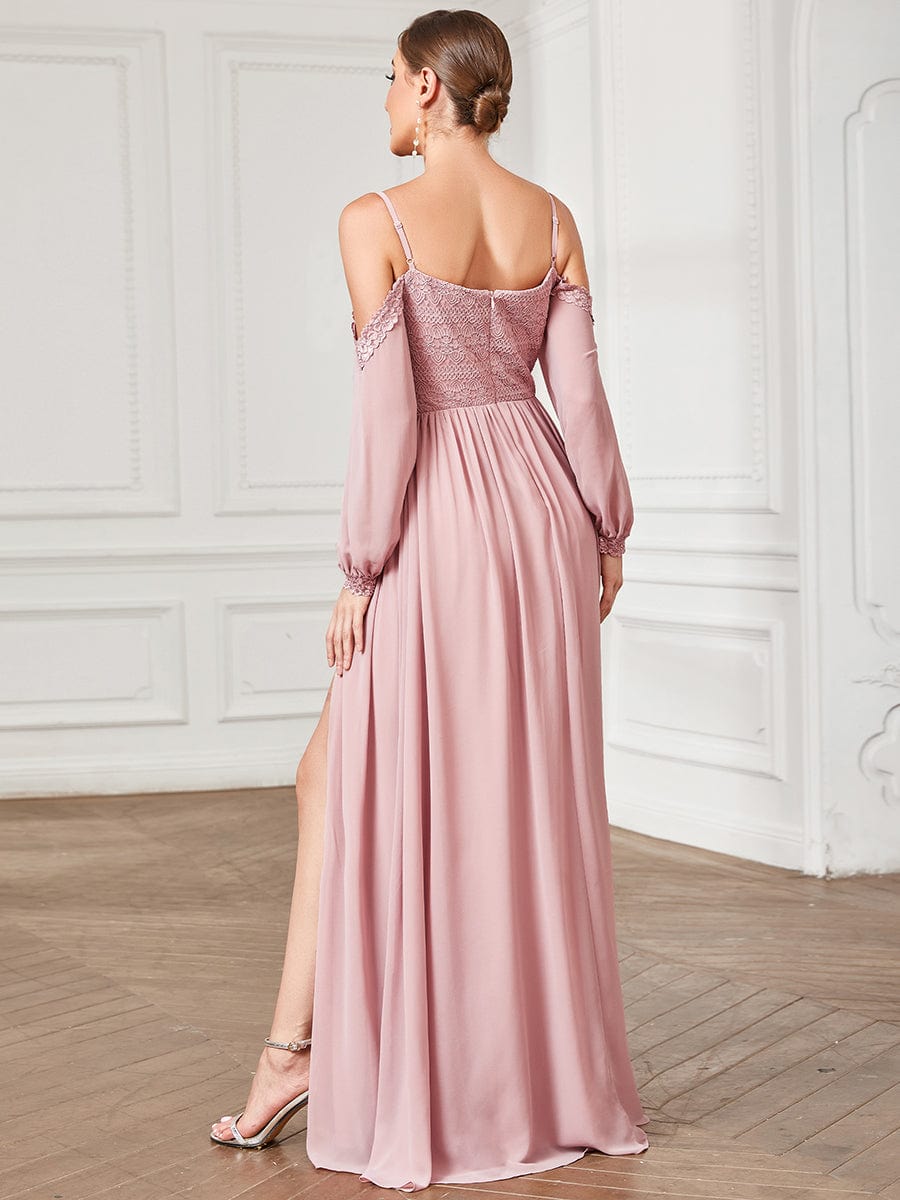 Lace Long Sleeve Chiffon Cold Shoulder Front Slit Bridesmaid Dress #Color_Dusty Rose Lace Long Sleeve Chiffon Cold Shoulder Front Slit Bridesmaid Dress