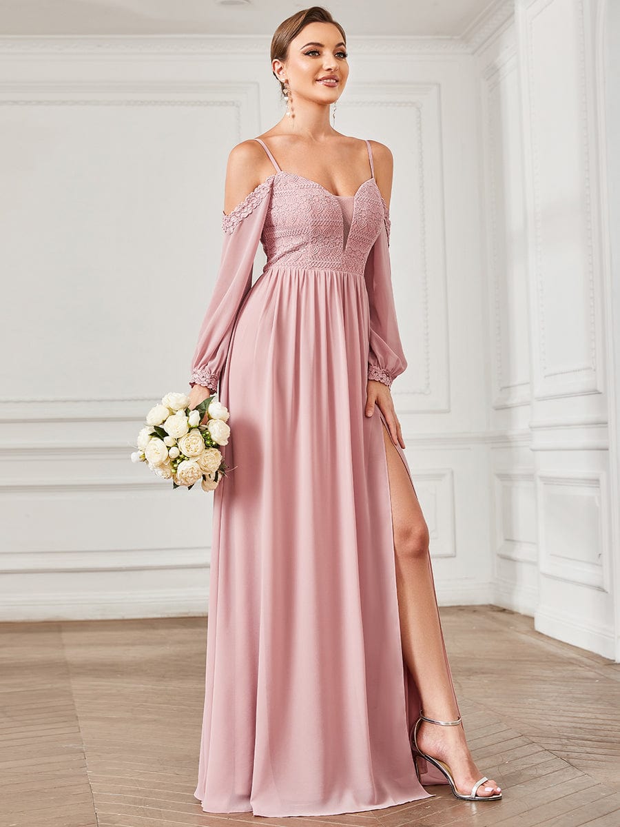 Lace Long Sleeve Chiffon Cold Shoulder Front Slit Bridesmaid Dress #Color_Dusty Rose Lace Long Sleeve Chiffon Cold Shoulder Front Slit Bridesmaid Dress