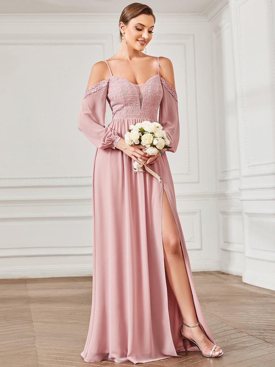 Lace Long Sleeve Chiffon Cold Shoulder Front Slit Bridesmaid Dress #Color_Dusty Rose Lace Long Sleeve Chiffon Cold Shoulder Front Slit Bridesmaid Dress
