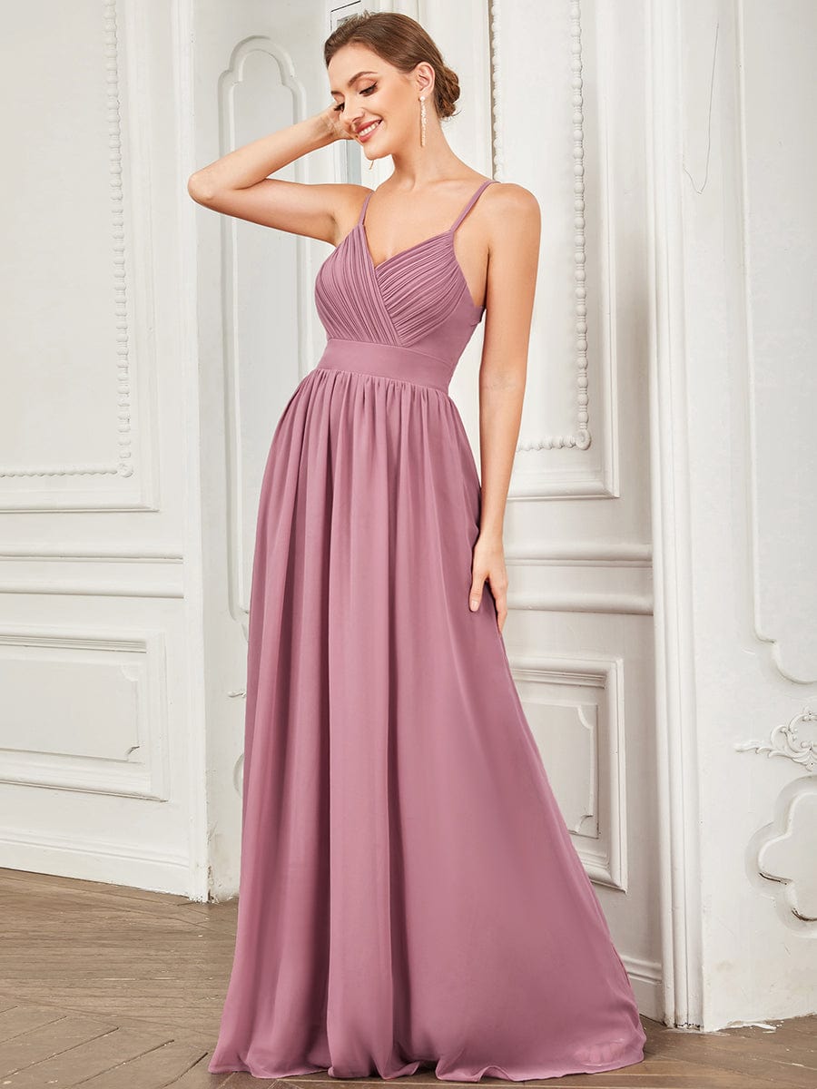 Chiffon V-Neck Pleated Spaghetti Strap A-Line Bridesmaid Dress #Color_Purple Orchid Chiffon V-Neck Pleated Spaghetti Strap A-Line Bridesmaid Dress