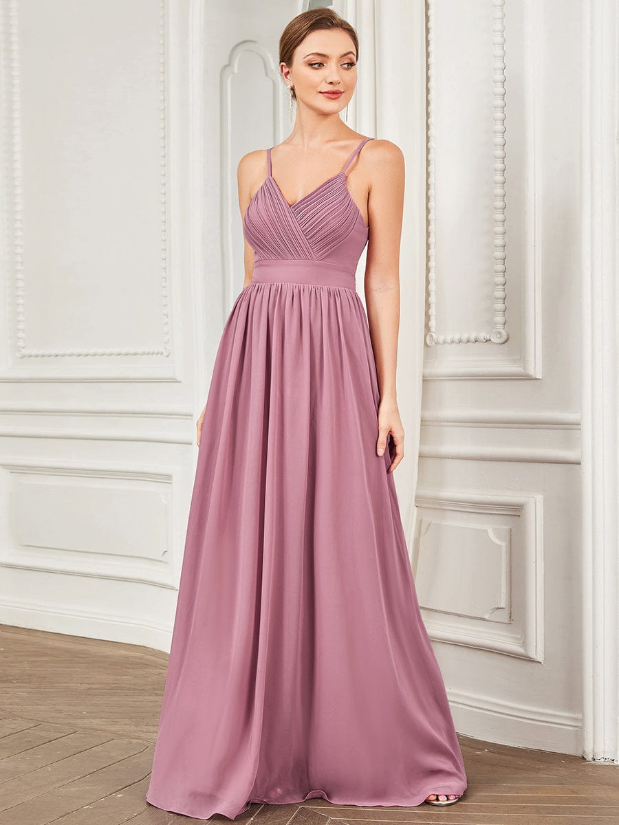 Chiffon V-Neck Pleated Spaghetti Strap A-Line Bridesmaid Dress #Color_Purple Orchid Chiffon V-Neck Pleated Spaghetti Strap A-Line Bridesmaid Dress
