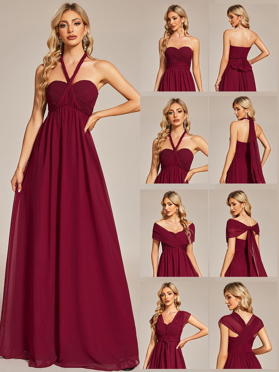 Multiway Chiffon Pleated Strapless Floor Length Bridesmaid Dress #color_Burgundy