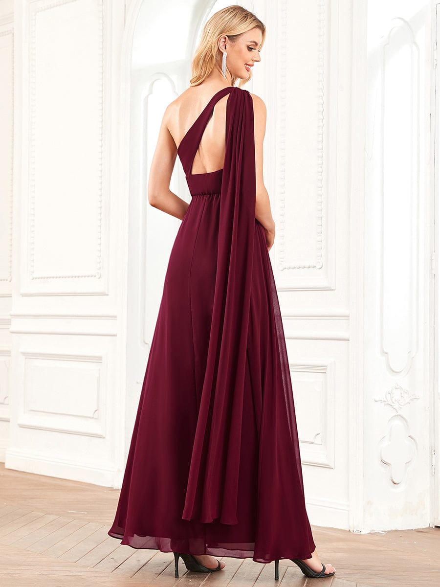 A-Line Asymmetrical Sleeve Chiffon Pleated Bridesmaid Dress #Color_Burgundy A-Line Asymmetrical Sleeve Chiffon Pleated Bridesmaid Dress