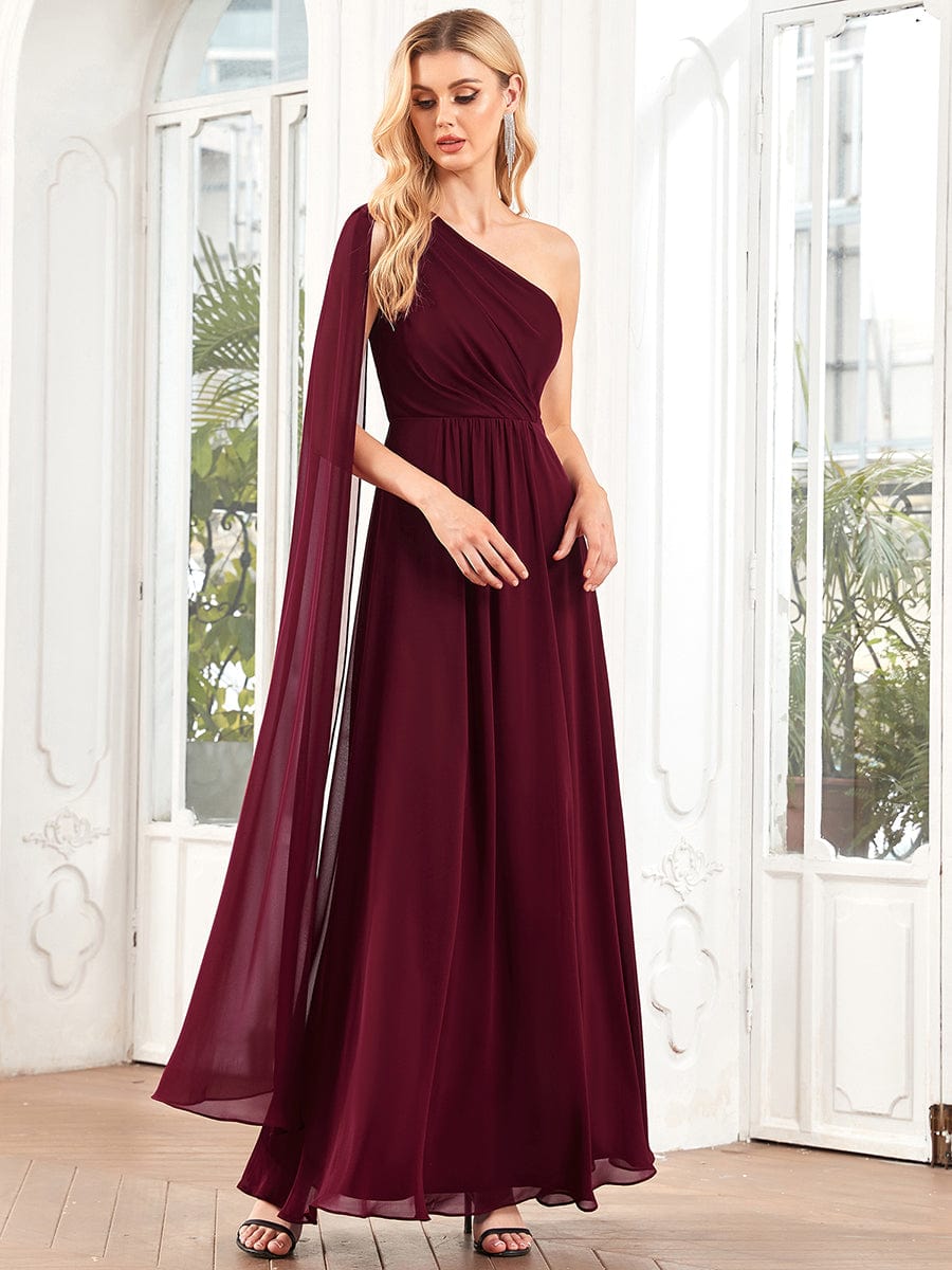 A-Line Asymmetrical Sleeve Chiffon Pleated Bridesmaid Dress #Color_Burgundy A-Line Asymmetrical Sleeve Chiffon Pleated Bridesmaid Dress