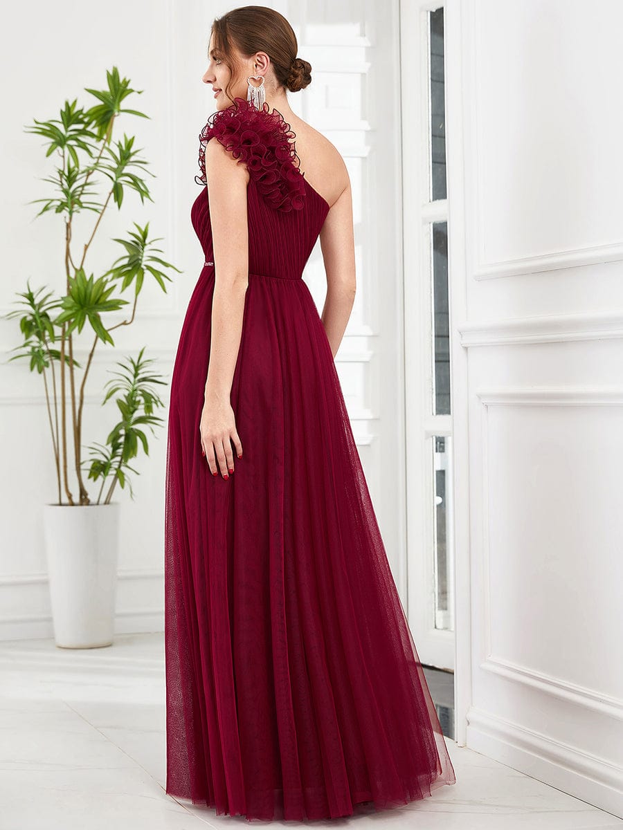 Ruffled One Shoulder Sequin Waist A-Line Tulle Bridesmaid Dress #Color_Burgundy Ruffled One Shoulder Sequin Waist A-Line Tulle Bridesmaid Dress