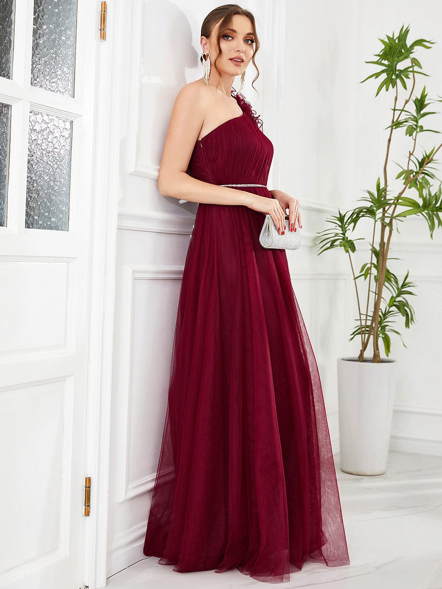 Ruffled One Shoulder Sequin Waist A-Line Tulle Bridesmaid Dress #Color_Burgundy Ruffled One Shoulder Sequin Waist A-Line Tulle Bridesmaid Dress