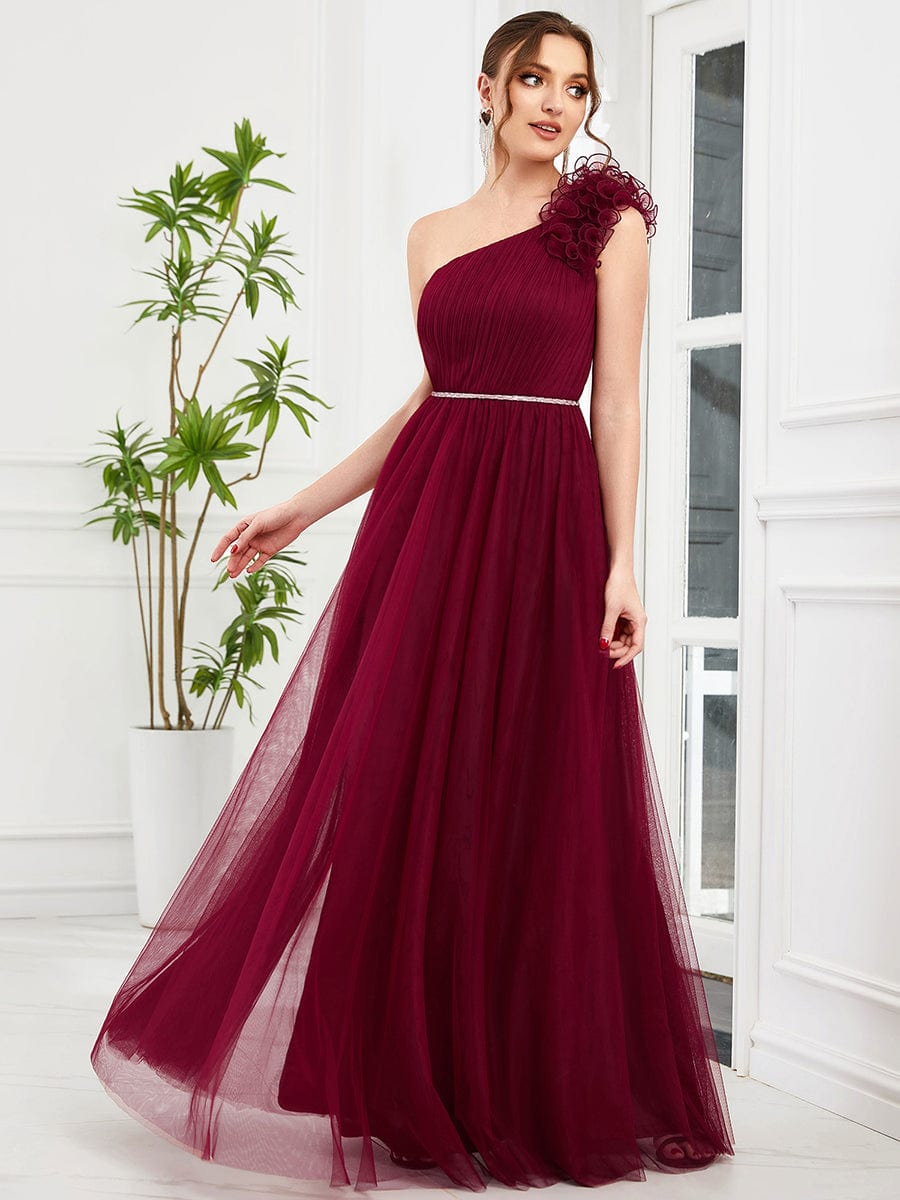 Ruffled One Shoulder Sequin Waist A-Line Tulle Bridesmaid Dress #Color_Burgundy Ruffled One Shoulder Sequin Waist A-Line Tulle Bridesmaid Dress