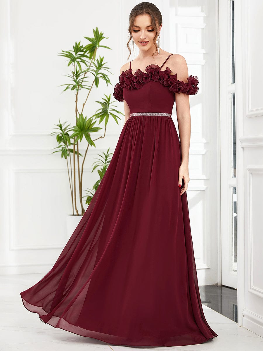 Cold Shoulder Ruffled Sequin Waist A-Line Chiffon Bridesmaid Dress #Color_Burgundy Cold Shoulder Ruffled Sequin Waist A-Line Chiffon Bridesmaid Dress