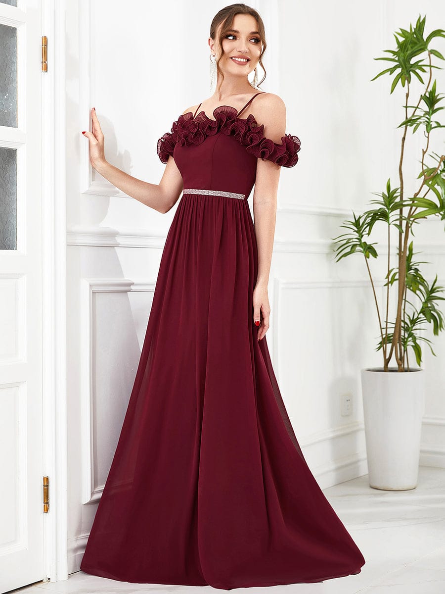 Cold Shoulder Ruffled Sequin Waist A-Line Chiffon Bridesmaid Dress #Color_Burgundy Cold Shoulder Ruffled Sequin Waist A-Line Chiffon Bridesmaid Dress