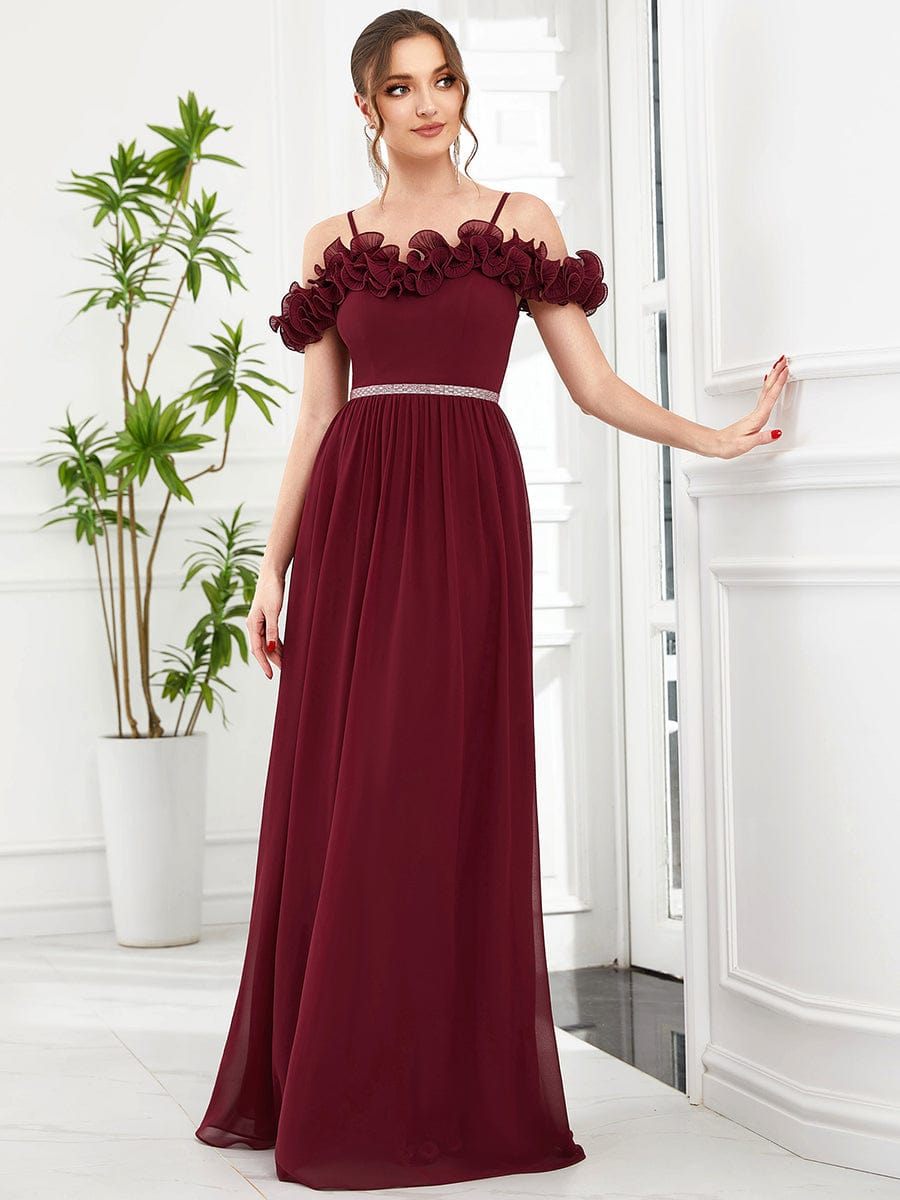 Cold Shoulder Ruffled Sequin Waist A-Line Chiffon Bridesmaid Dress #Color_Burgundy Cold Shoulder Ruffled Sequin Waist A-Line Chiffon Bridesmaid Dress