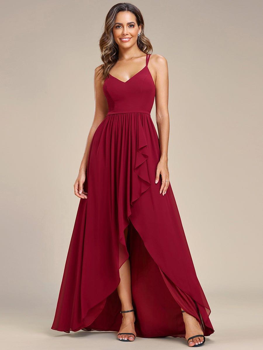 Chiffon Sweetheart Spaghetti Strap Ruffled Front Slit A-Line Bridesmaid Dress #color_Burgundy