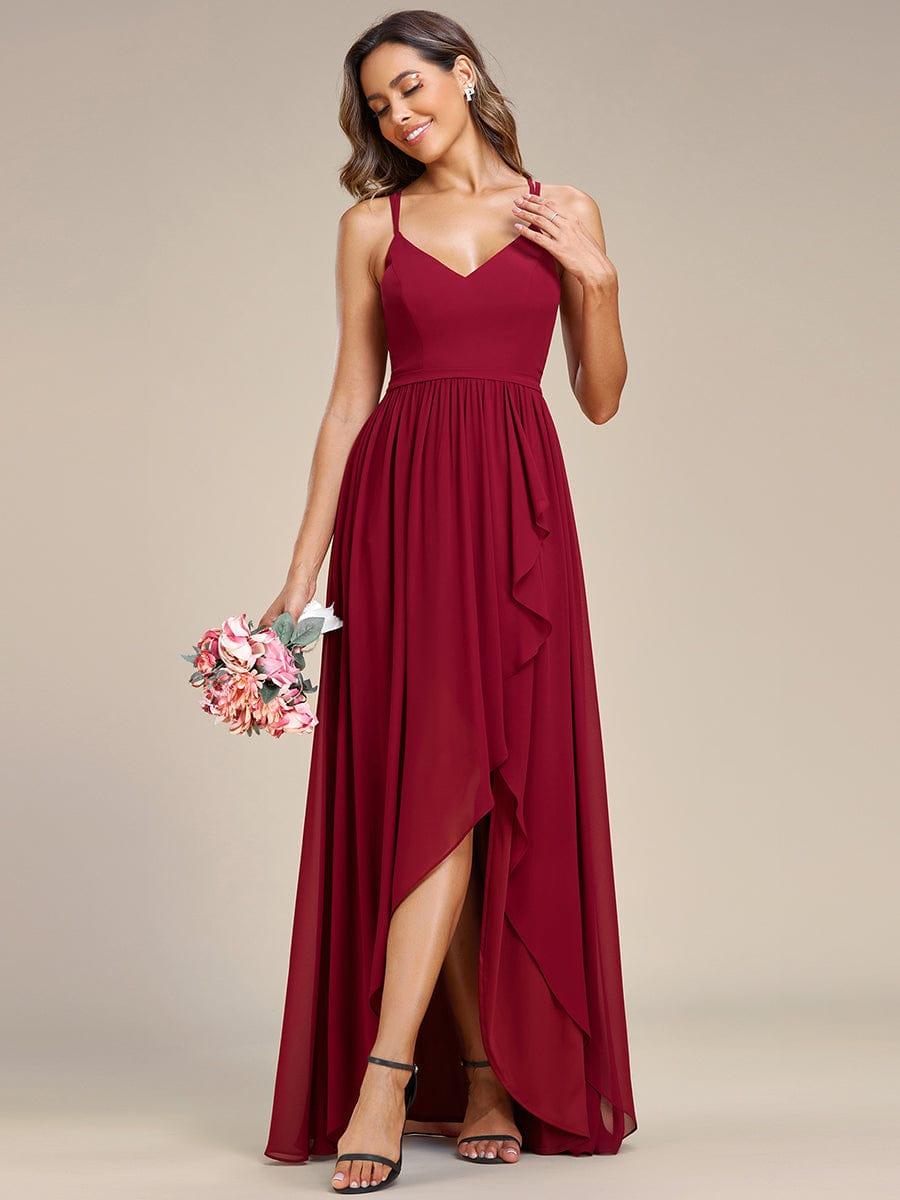 Chiffon Sweetheart Spaghetti Strap Ruffled Front Slit A-Line Bridesmaid Dress #color_Burgundy