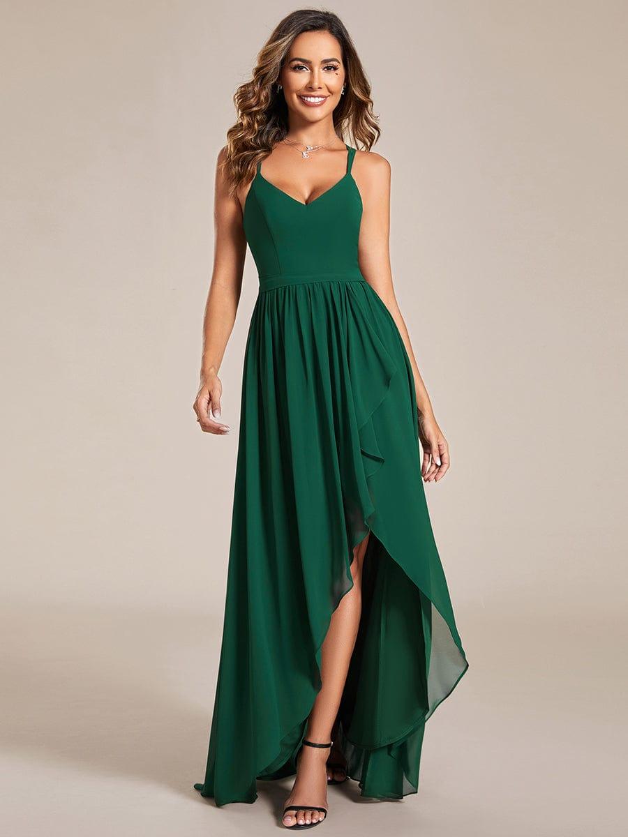 Chiffon Sweetheart Spaghetti Strap Ruffled Front Slit A-Line Bridesmaid Dress #color_Dark Green