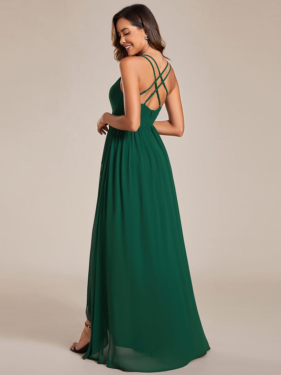 Chiffon Sweetheart Spaghetti Strap Ruffled Front Slit A-Line Bridesmaid Dress #color_Dark Green