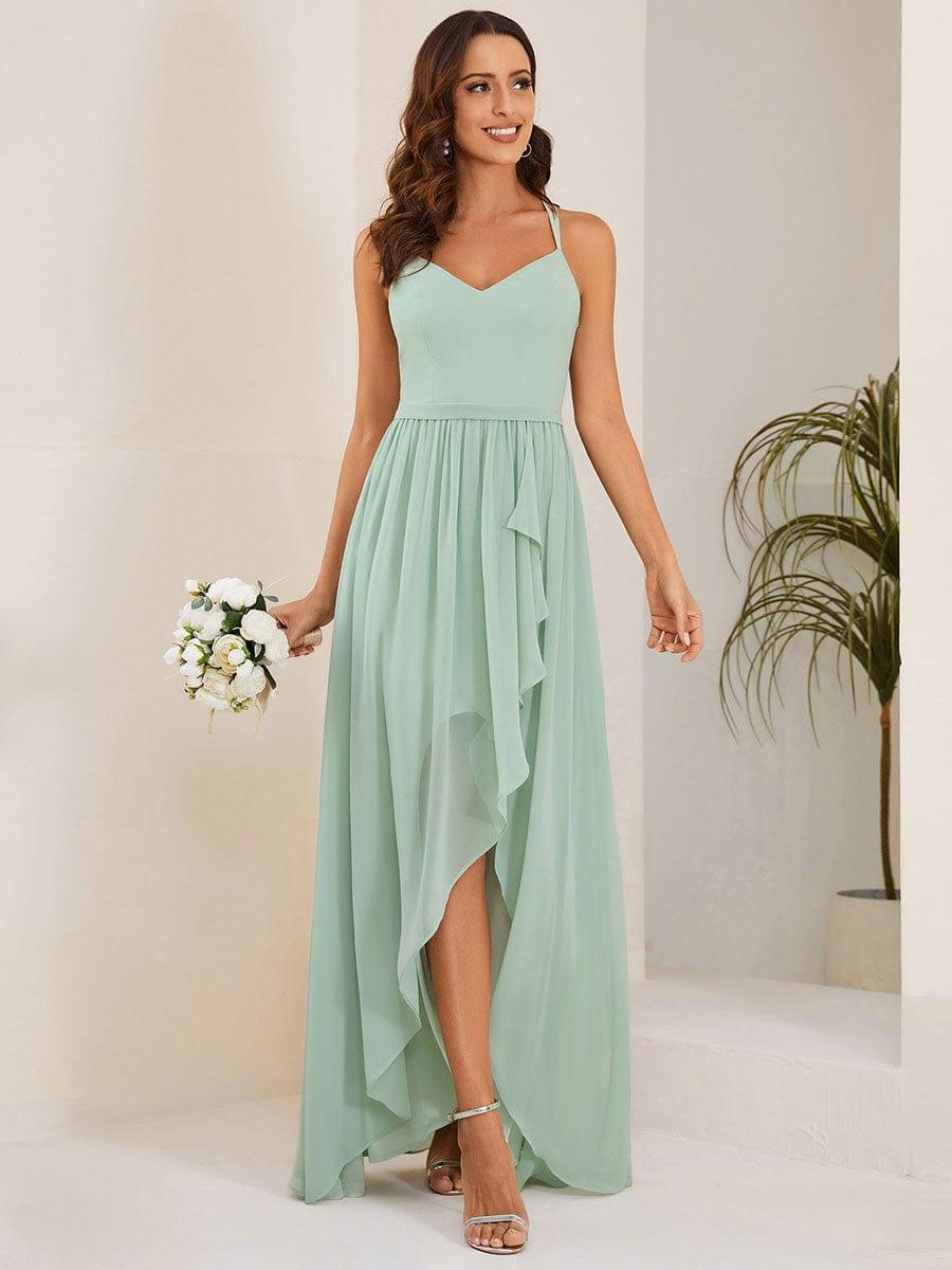 Chiffon Sweetheart Spaghetti Strap Ruffled Front Slit A-Line Bridesmaid Dress #color_Mint Green