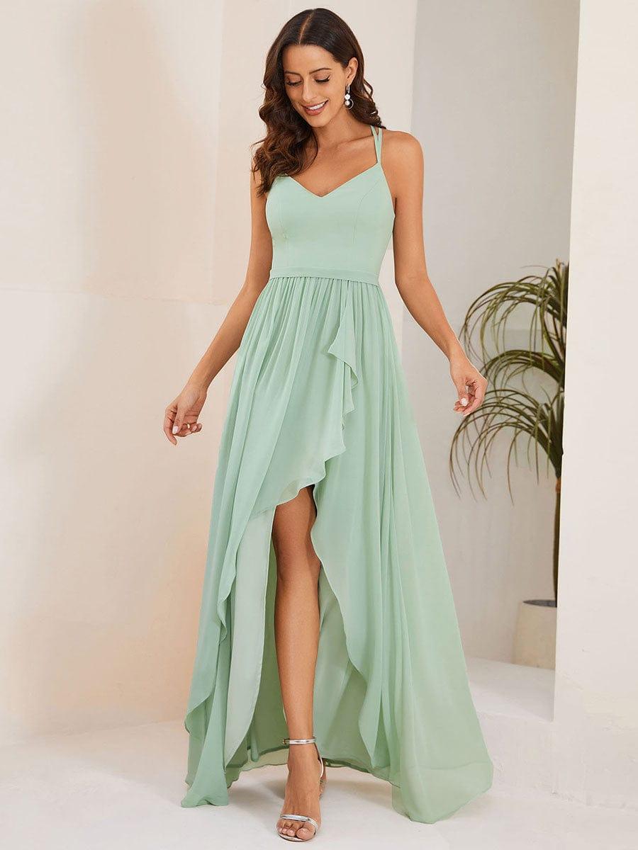Chiffon Sweetheart Spaghetti Strap Ruffled Front Slit A-Line Bridesmaid Dress #color_Mint Green