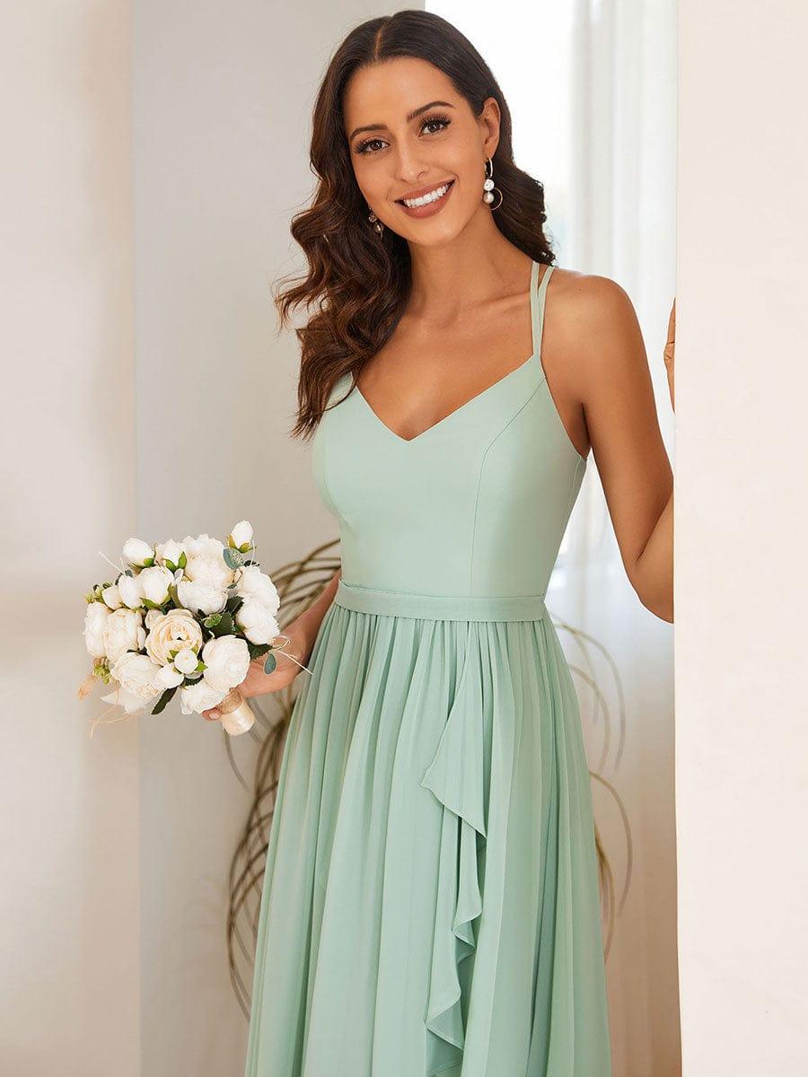 Chiffon Sweetheart Spaghetti Strap Ruffled Front Slit A-Line Bridesmaid Dress #color_Mint Green