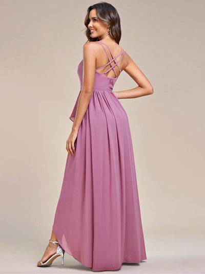 Chiffon Sweetheart Spaghetti Strap Ruffled Front Slit A-Line Bridesmaid Dress #color_Purple Orchid