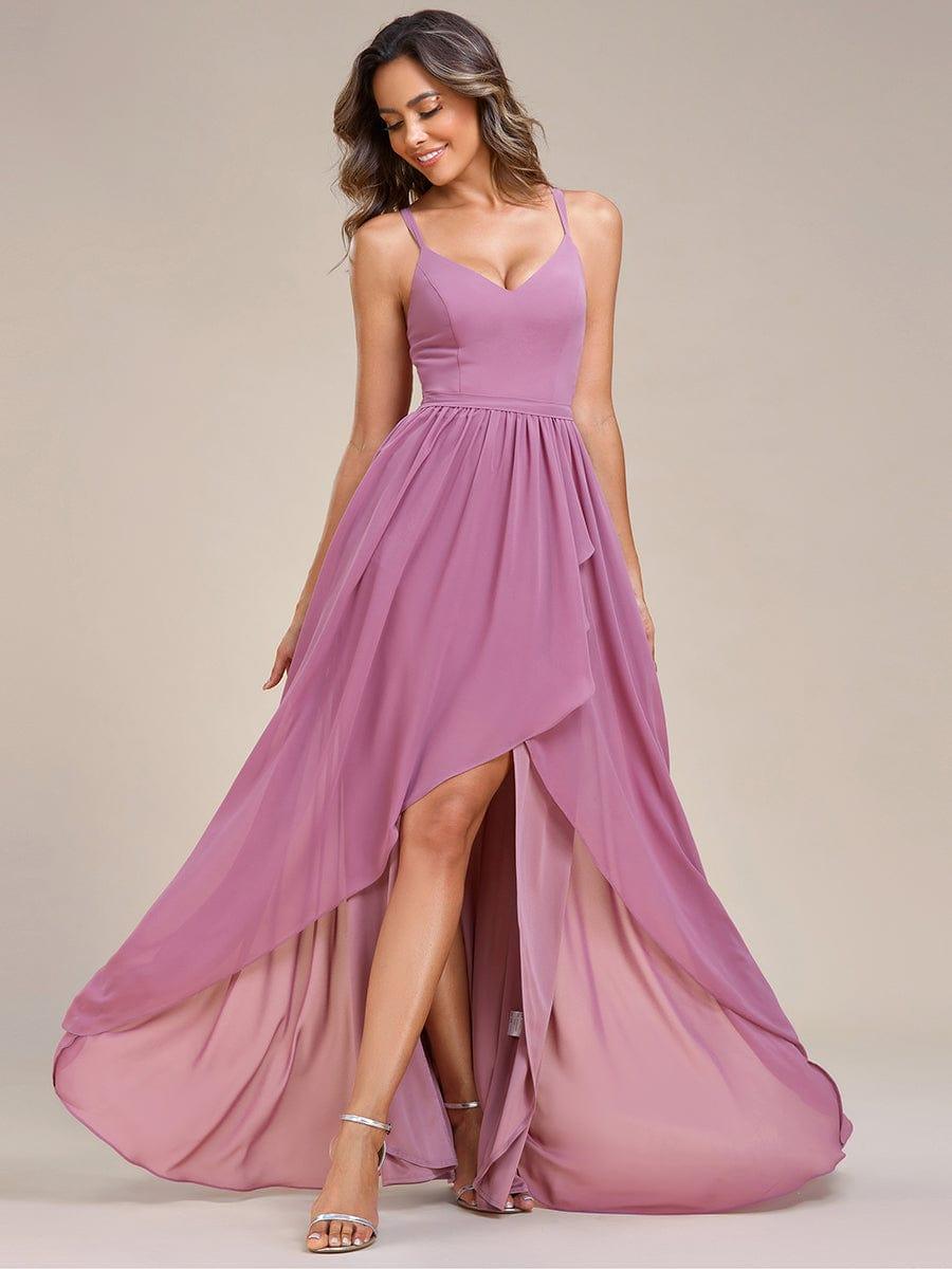Chiffon Sweetheart Spaghetti Strap Ruffled Front Slit A-Line Bridesmaid Dress #color_Purple Orchid