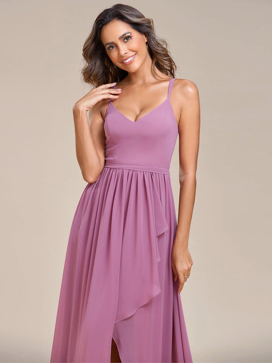 Chiffon Sweetheart Spaghetti Strap Ruffled Front Slit A-Line Bridesmaid Dress #color_Purple Orchid