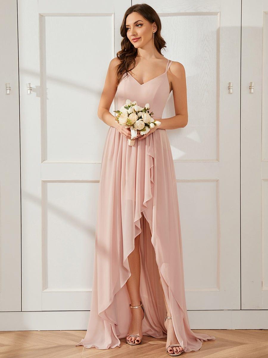 Chiffon Sweetheart Spaghetti Strap Ruffled Front Slit A-Line Bridesmaid Dress #color_Pink