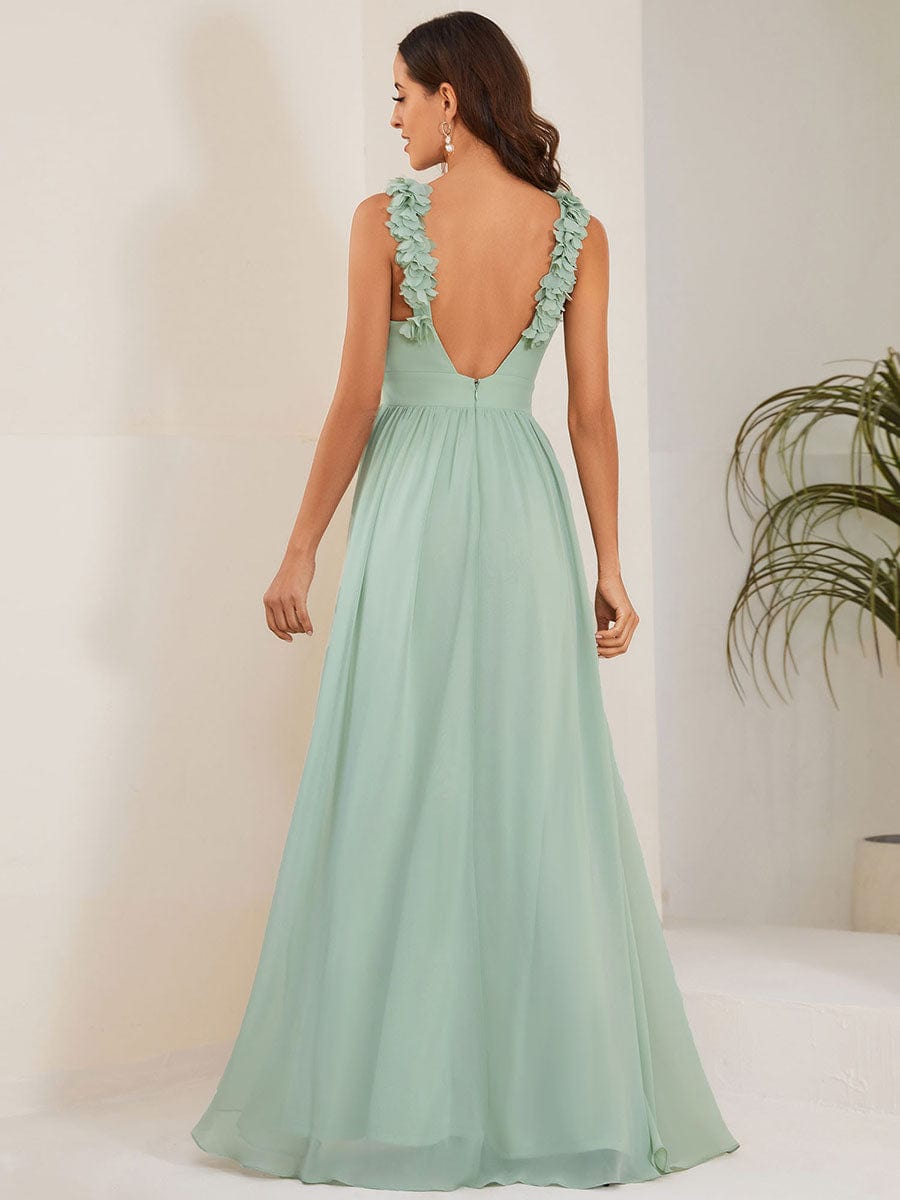 Sleeveless Floral Applique V-Neck A-Line Chiffon Bridesmaid Dress #color_Mint Green