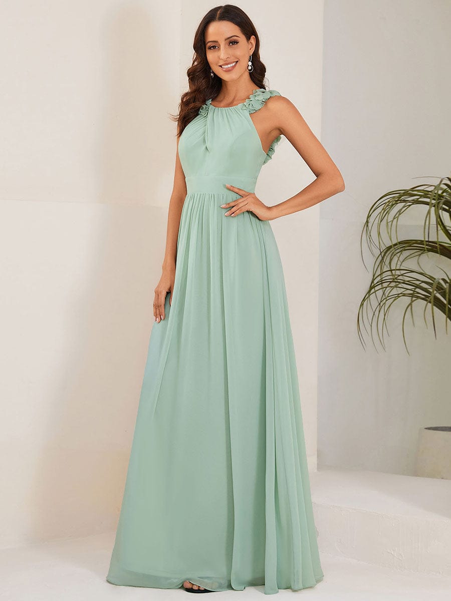 Sleeveless Floral Applique V-Neck A-Line Chiffon Bridesmaid Dress #color_Mint Green