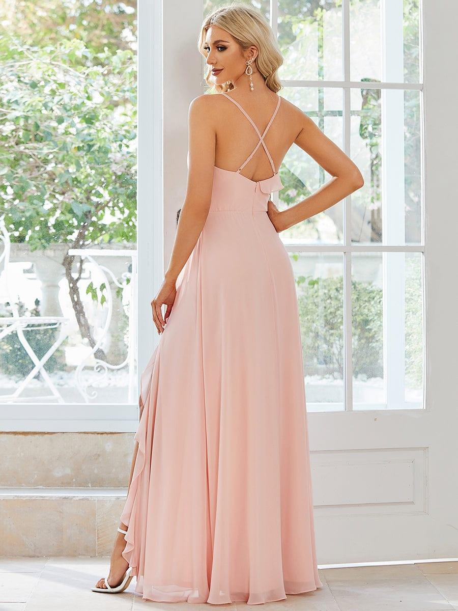 Front Slit Sweetheart Crossed Back Tie Chiffon Bridesmaid Dress #color_Pink Front Slit Sweetheart Crossed Back Tie Chiffon Bridesmaid Dress