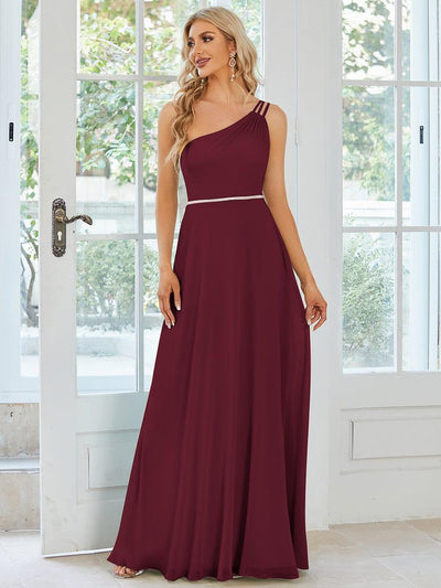 Flowy Chiffon One-Shoulder Bridesmaid Dress with Spaghetti Strap #color_Burgundy