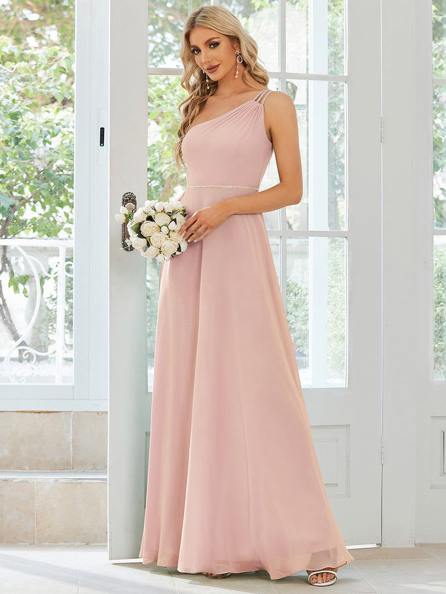 Flowy Chiffon One-Shoulder Bridesmaid Dress with Spaghetti Strap #color_Pink