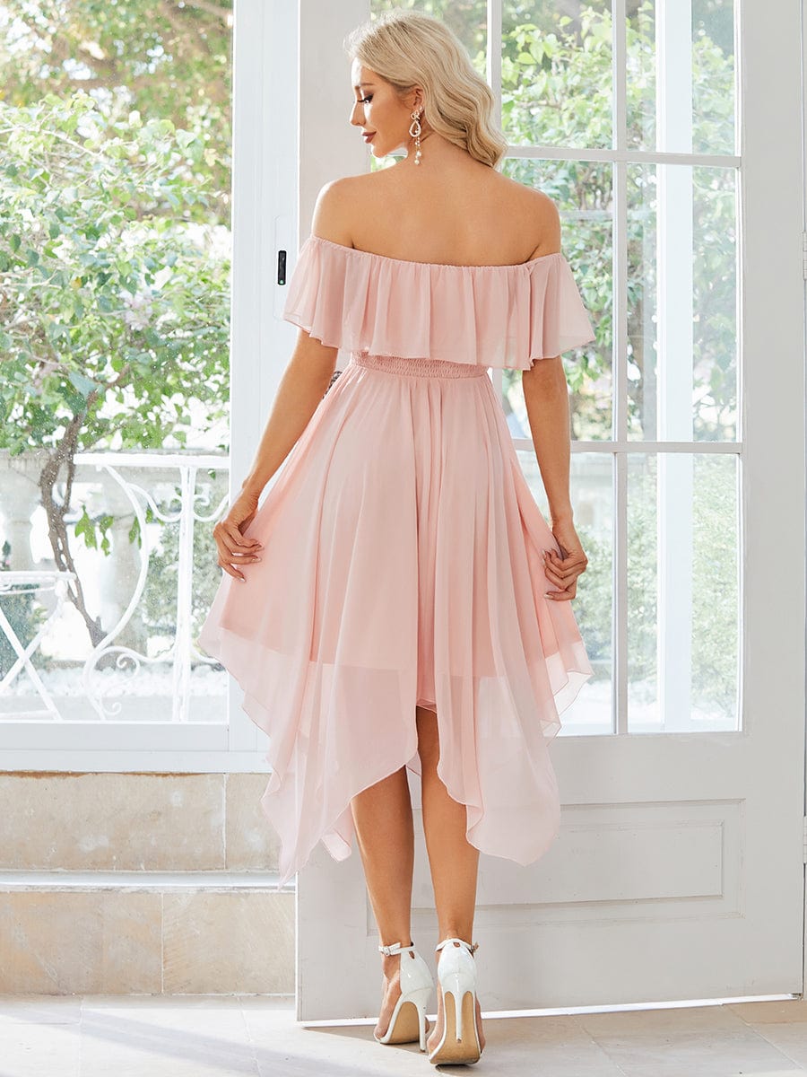 Flowy Off-The-Shoulder Bridesmaid Dress with Asymmetrical Hemline #Color_Pink