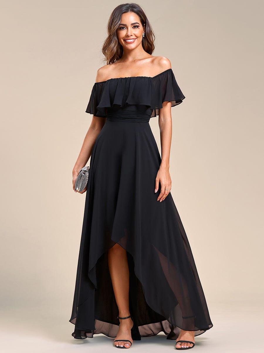 Lace Chiffon Long Bridesmaid Dress with Open Back #Color_Black