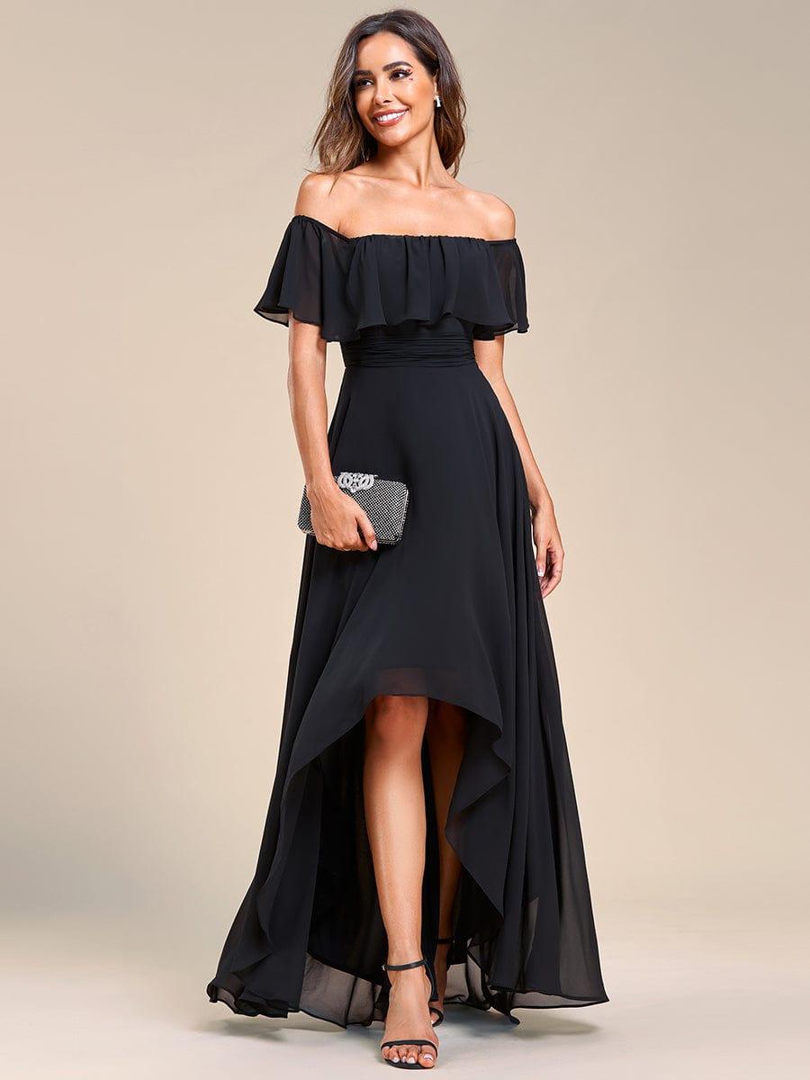 Lace Chiffon Long Bridesmaid Dress with Open Back #Color_Black