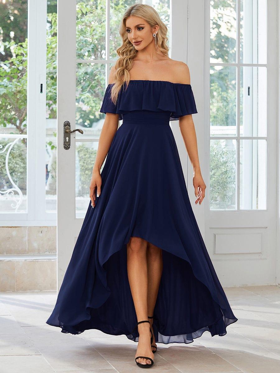 Lace Chiffon Long Bridesmaid Dress with Open Back #Color_Navy Blue