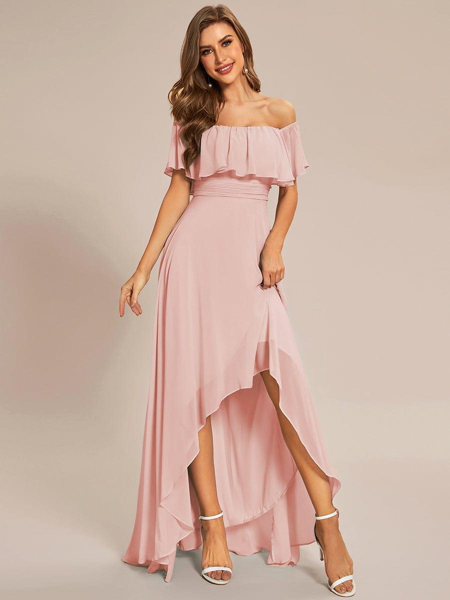 Lace Chiffon Long Bridesmaid Dress with Open Back #Color_Pink