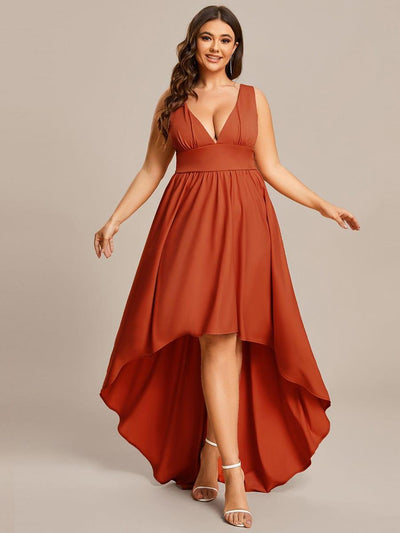 Plus Size Elegant High-Low Sleeveless Empire Waist Evening Dress #color_Burnt Orange