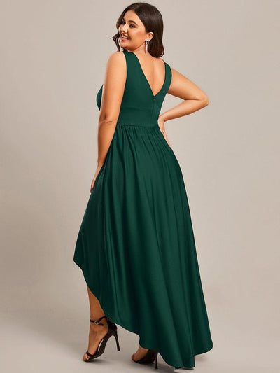 Plus Size Elegant High-Low Sleeveless Empire Waist Evening Dress #color_Dark Green