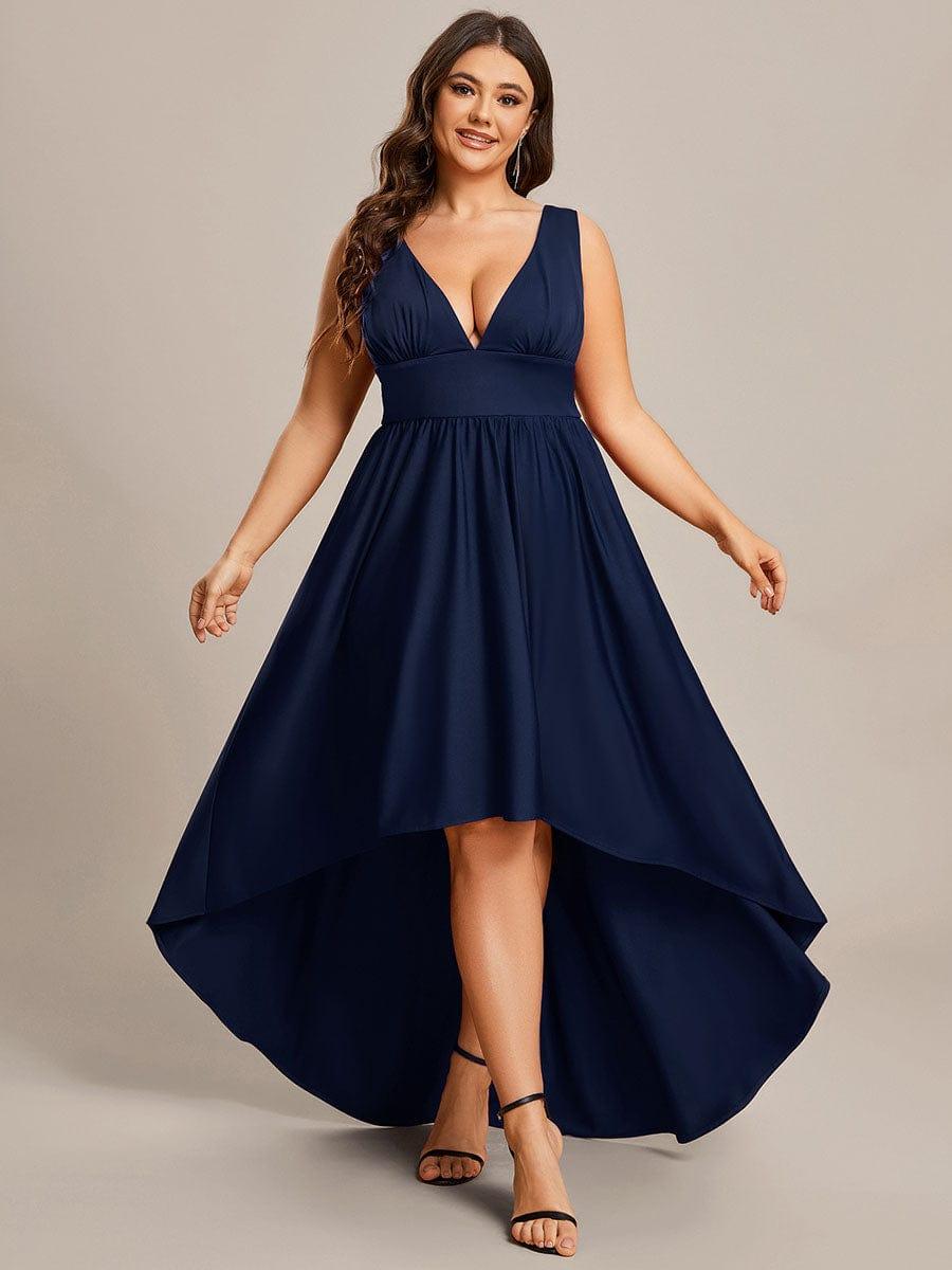 Plus Size Elegant High-Low Sleeveless Empire Waist Evening Dress #color_Navy Blue