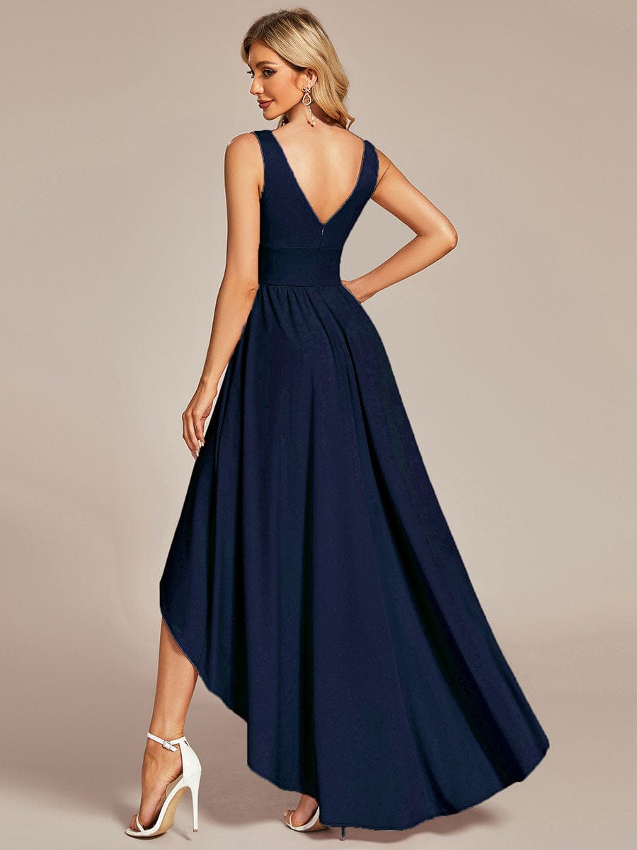 V-Neck Sleeveless High-Low Evening Dress with Stretchy #color_Navy Blue